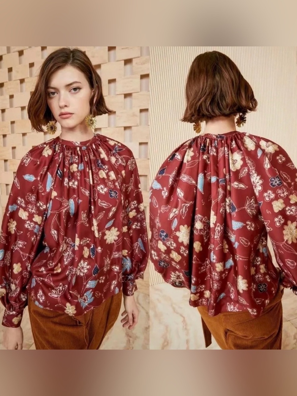 Ulla Johnson Marisol Silk Floral Blouse Odessa Burgundy Balloon Sleeve Size 6